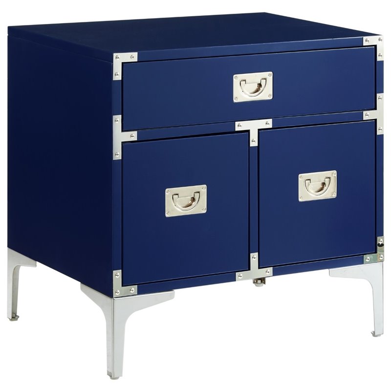 Aubree Navy Blue Lacquer Finish Nightstand Chrome Legs Side
