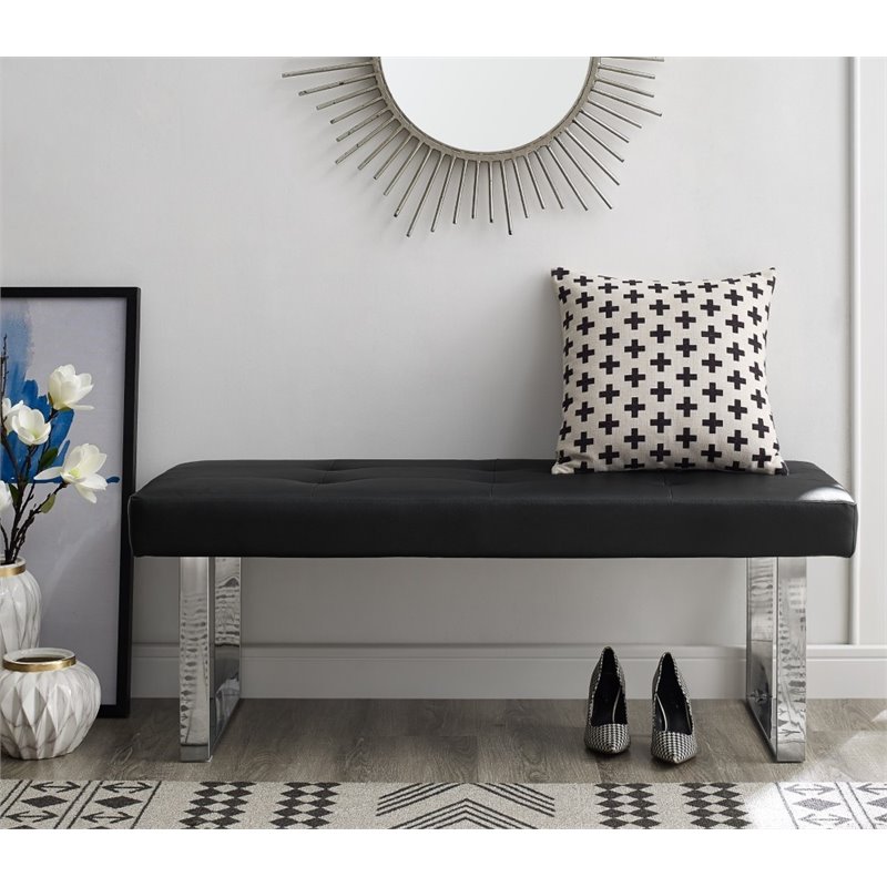 Posh Living Myles Faux Leather Bench with Stainless Steel Legs in Black/Chrome