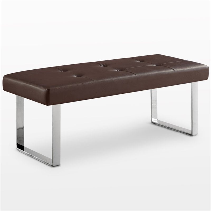 Posh Living Myles Faux Leather Bench with Stainless Steel Legs in Brown/Chrome