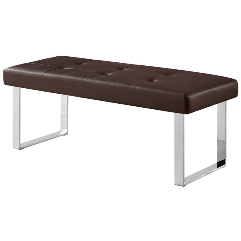 Posh Living Myles Faux Leather Bench with Stainless Steel Legs in Brown/Chrome