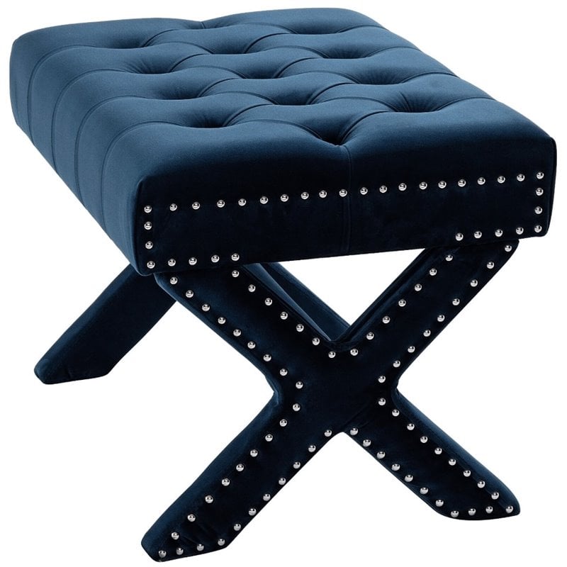 Posh Living Hazel Velvet X-Base Ottoman with Nailhead Trim in Navy Blue