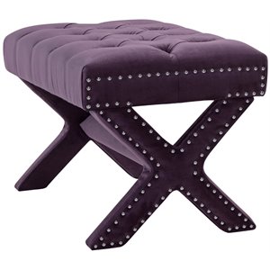Posh Living Hazel Velvet X-Base Ottoman with Nailhead Trim in Purple