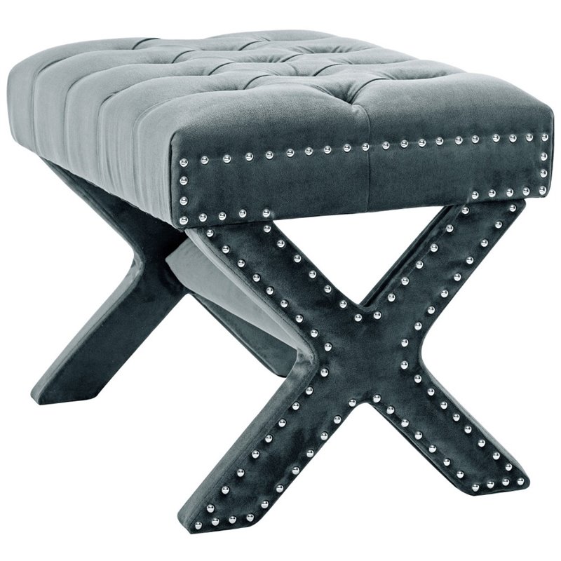 Posh Living Hazel Velvet XBase Ottoman with Nailhead Trim in Slate