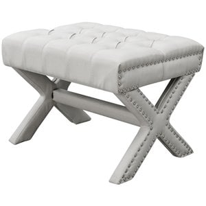 Posh Living Hazel Linen Fabric X-Base Ottoman with Nailhead Trim in Cream/White