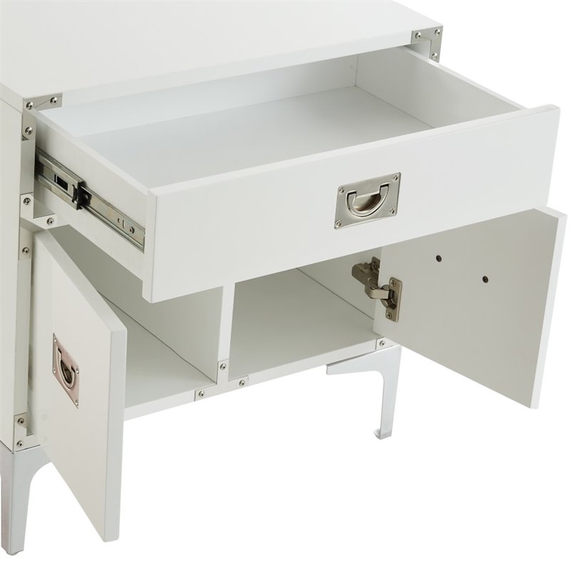 Posh Living Aubree 1-Drawer Nightstand with Corner Brackets in White/Chrome