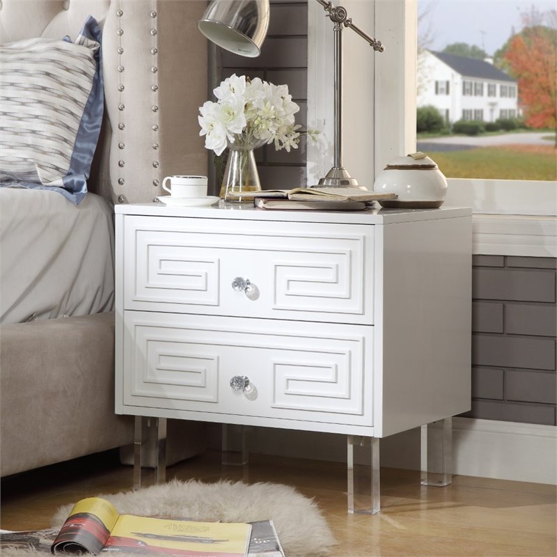 Posh Living Melanie 2-Drawer Nightstand with Lucite Legs in White