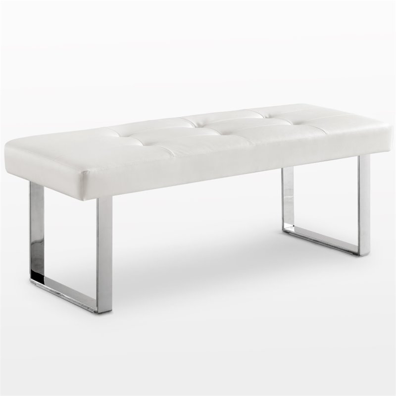 Posh Living Myles Faux Leather Bench with Stainless Steel Legs in White/Chrome