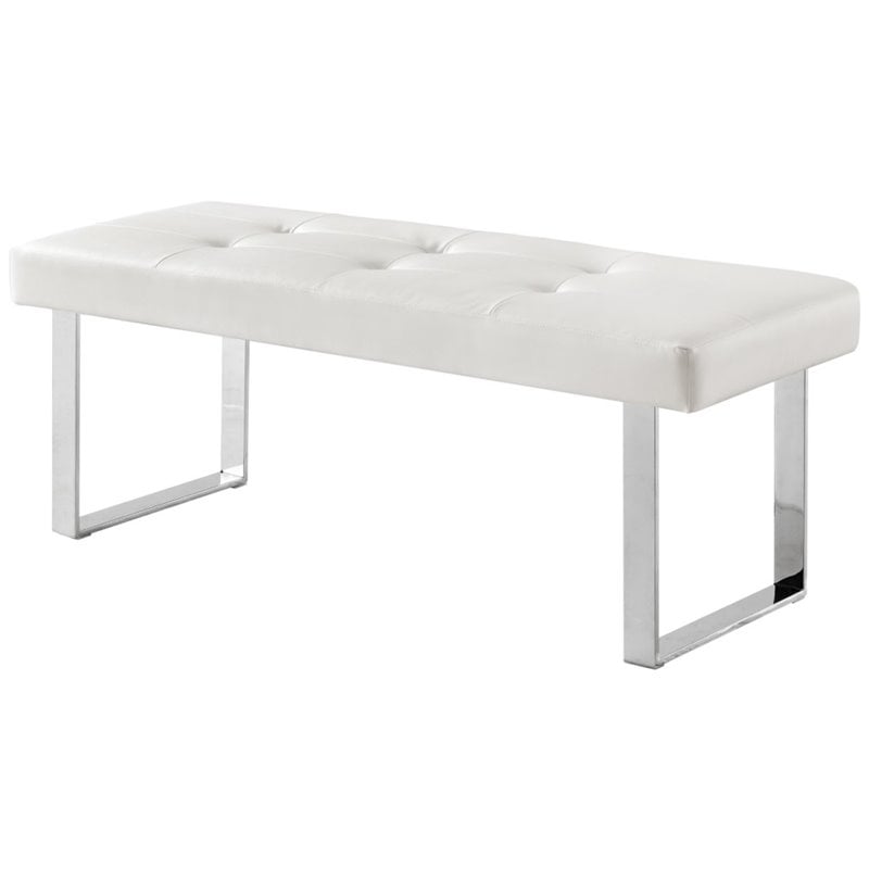 Myles White PU Leather Chrome Bench - Stainless Steel Legs -