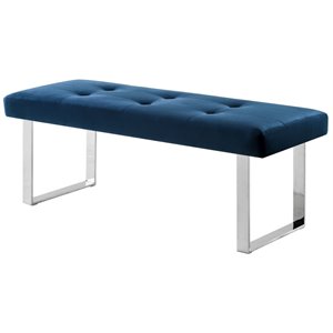 Posh Living Myles Tufted Velvet Bench with Stainless Steel Legs in Blue/Chrome