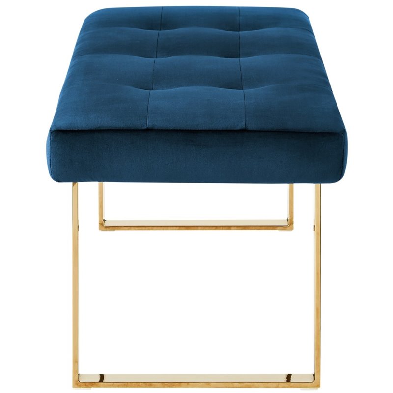 Posh Living Myles Tufted Velvet Bench with Stainless Steel Legs in Blue/Gold