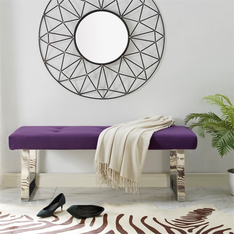 Posh Living Myles Tufted Velvet Bench with Stainless Steel Legs in Purple/Chrome