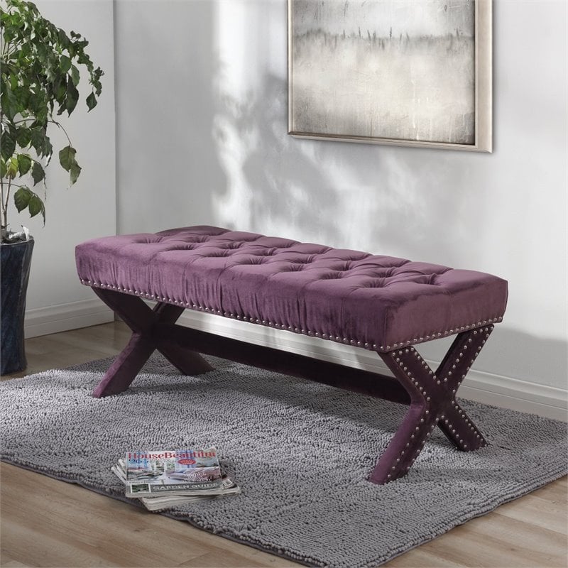 Posh Living Kennedy Tufted Velvet Bench with Nailhead Trim in Purple