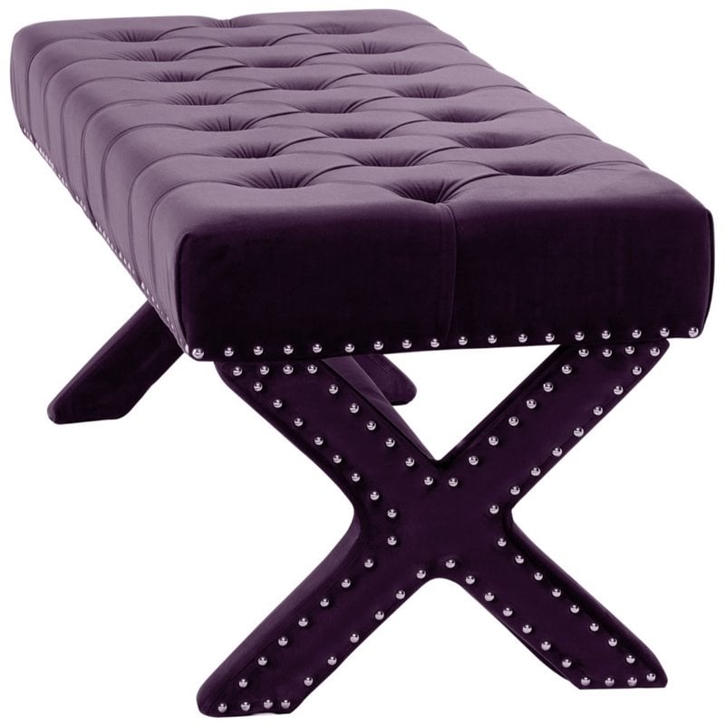 Posh Living Kennedy Tufted Velvet Bench with Nailhead Trim in Purple