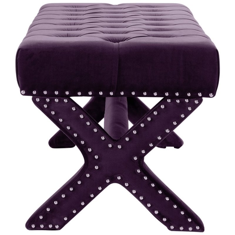 Posh Living Kennedy Tufted Velvet Bench with Nailhead Trim in Purple