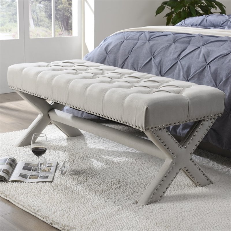 Posh Living Kennedy Tufted Linen Fabric Bench with Nailhead Trim in Cream/White