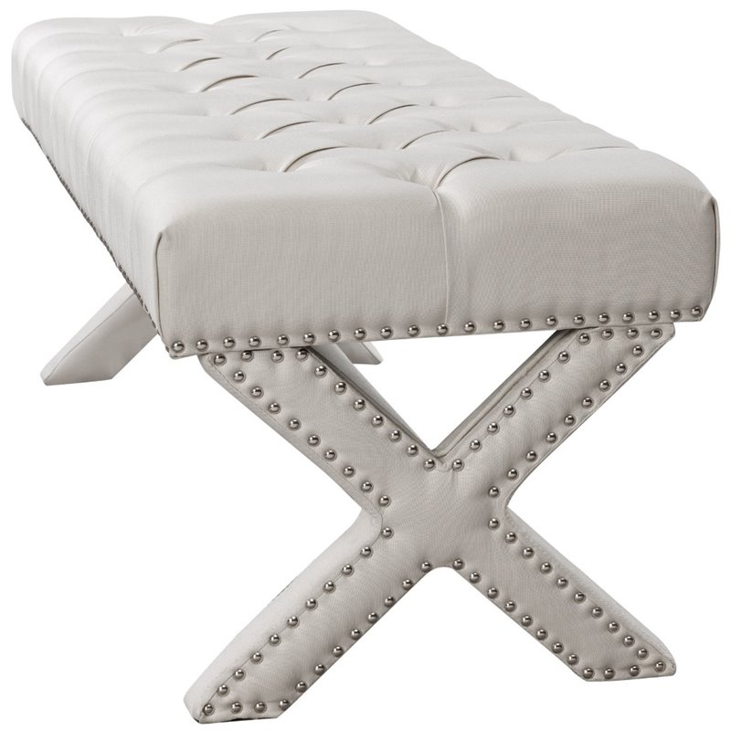 Posh Living Kennedy Tufted Linen Fabric Bench with Nailhead Trim in Cream/White