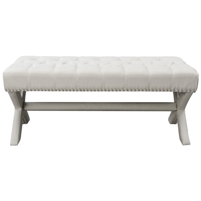 Posh Living Kennedy Tufted Linen Fabric Bench with Nailhead Trim in Cream/White