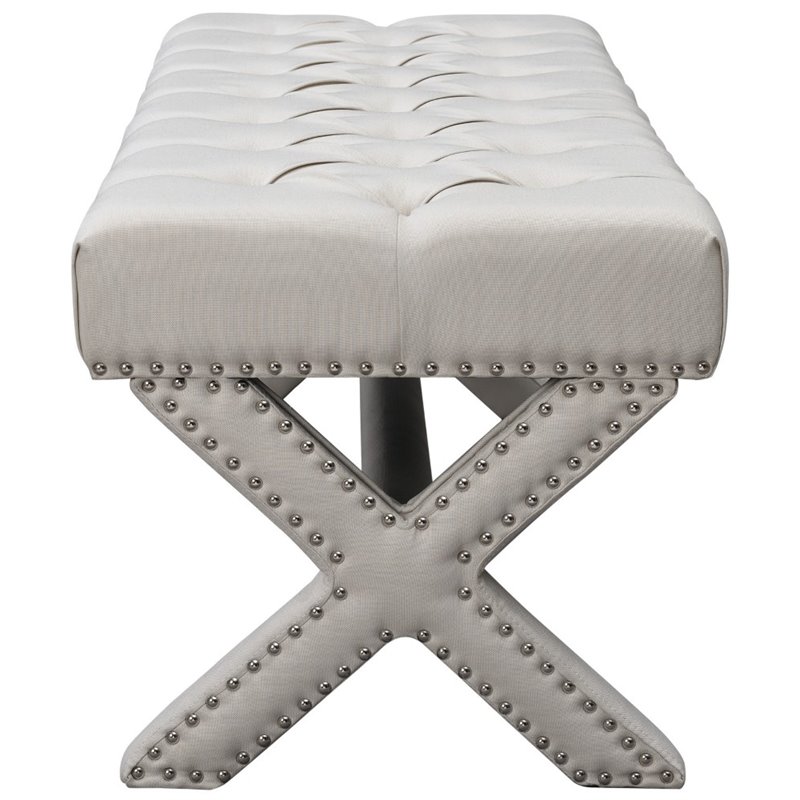 Posh Living Kennedy Tufted Linen Fabric Bench with Nailhead Trim in Cream/White