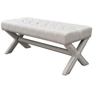 Posh Living Kennedy Tufted Linen Fabric Bench with Nailhead Trim in Cream/White