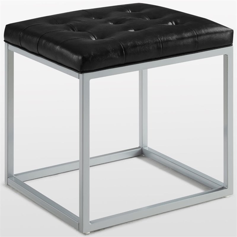 Posh Living Nolan Tufted Faux Leather Cube Ottoman with Metal Frame in Black