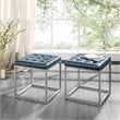 Posh Living Nolan Tufted Faux Leather Cube Ottoman with Metal Frame in Blue