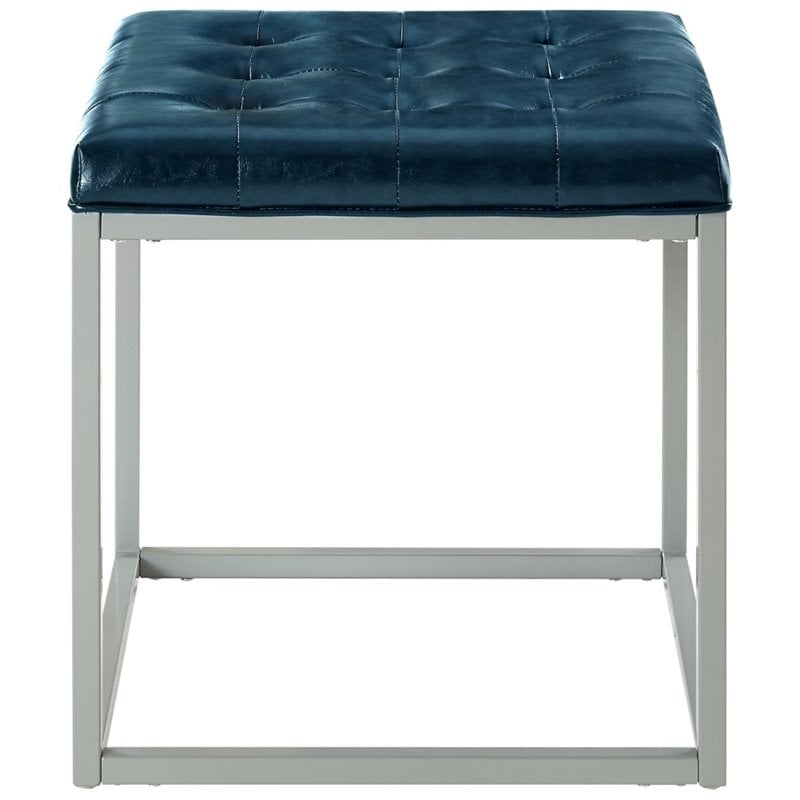 Posh Living Nolan Tufted Faux Leather Cube Ottoman with Metal Frame in Blue