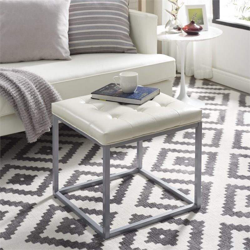 Posh Living Nolan Tufted Faux Leather Cube Ottoman with Metal Frame in White