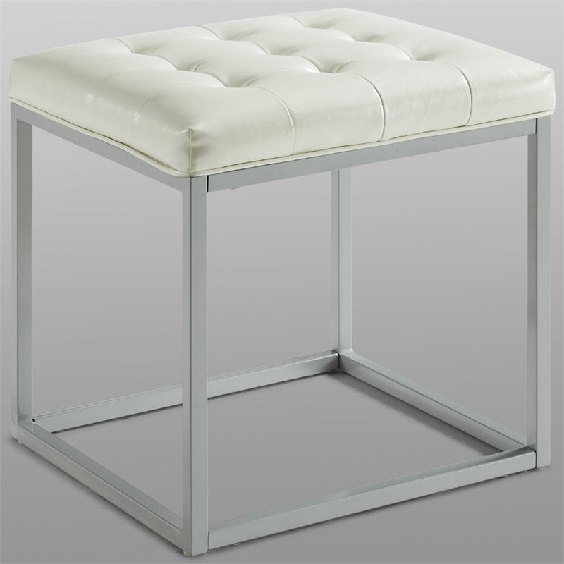 Posh Living Nolan Tufted Faux Leather Cube Ottoman with Metal Frame in White
