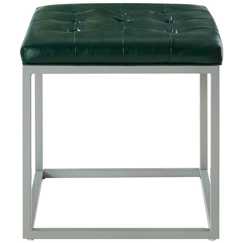 Posh Living Nolan Tufted Faux Leather Cube Ottoman with Metal Frame in Green