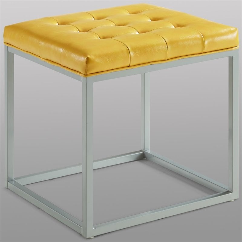 Posh Living Nolan Tufted Faux Leather Cube Ottoman with Metal Frame in Yellow