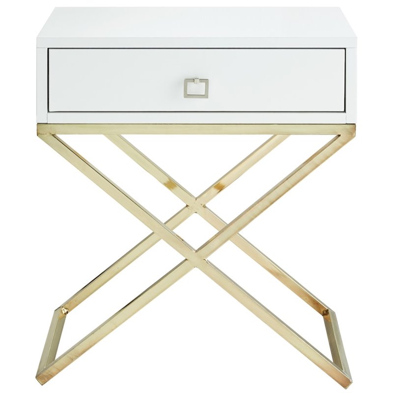 Posh Living Brianna 1-Drawer Nightstand with X-Metal Legs in White/Chrome