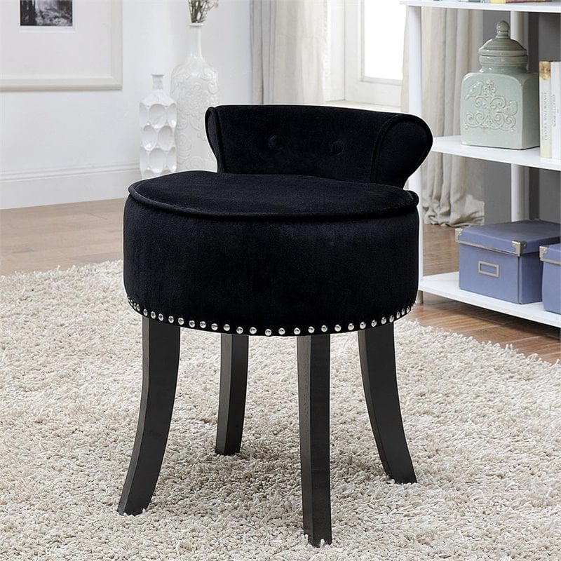Posh Living Alena Tufted Velvet Vanity Stool with Nailhead Trim in Black
