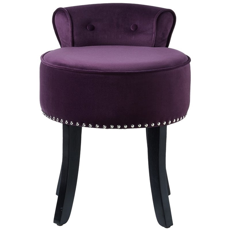 Posh Living Alena Tufted Velvet Vanity Stool with Nailhead Trim in Plum