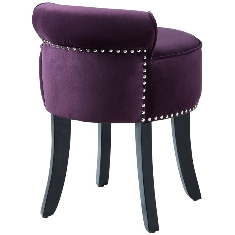 Posh Living Alena Tufted Velvet Vanity Stool with Nailhead Trim in Plum