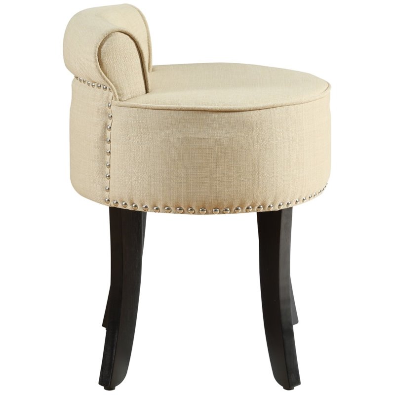 Posh Alena Tufted Linen Fabric Vanity Stool with Nailhead Trim in Beige