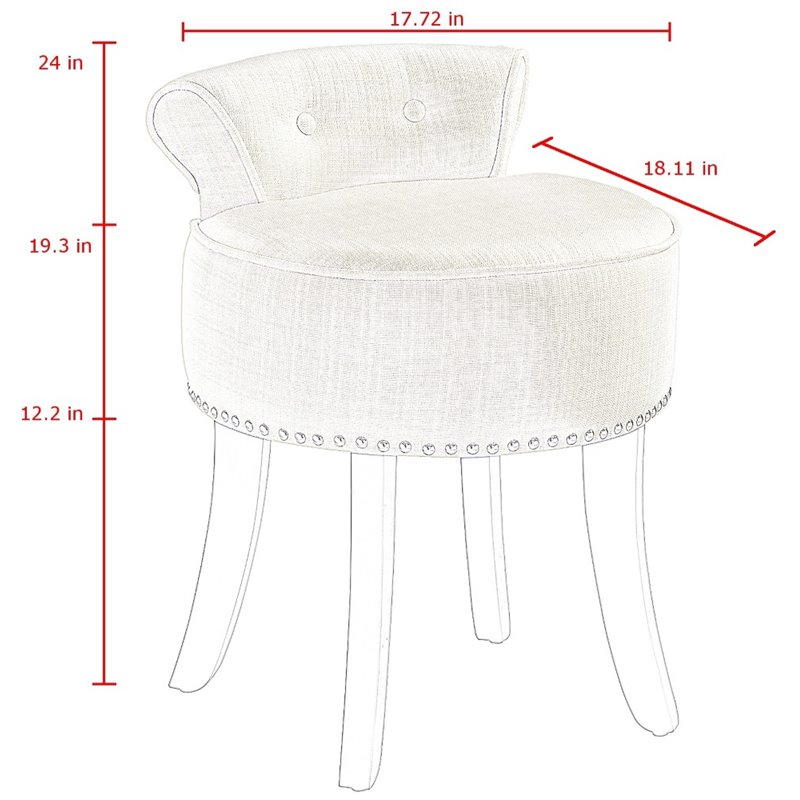 Posh Alena Tufted Linen Fabric Vanity Stool with Nailhead Trim in Beige