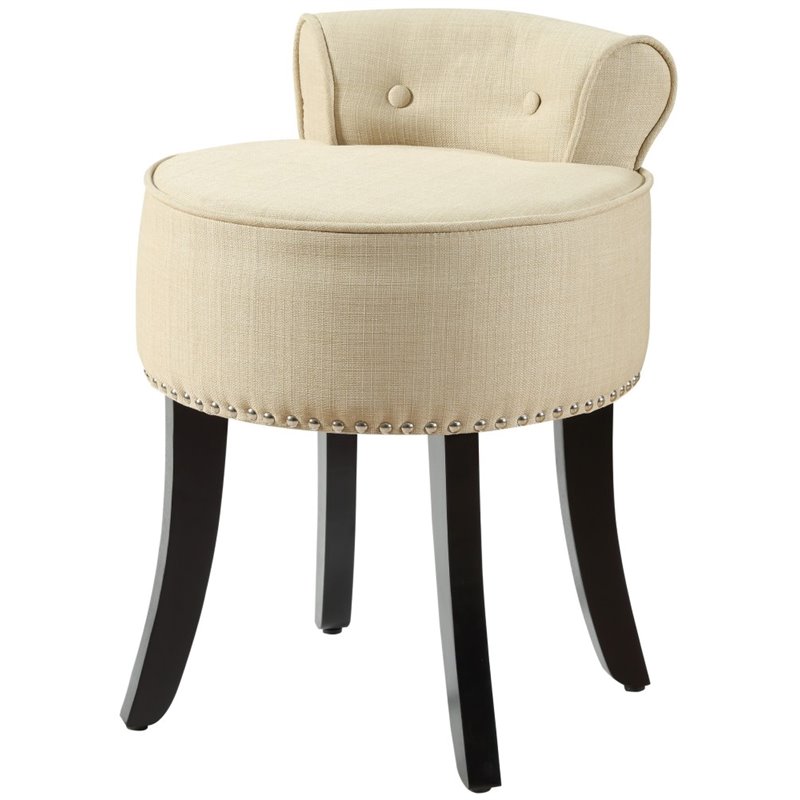 Posh Alena Tufted Linen Fabric Vanity Stool with Nailhead Trim in Beige