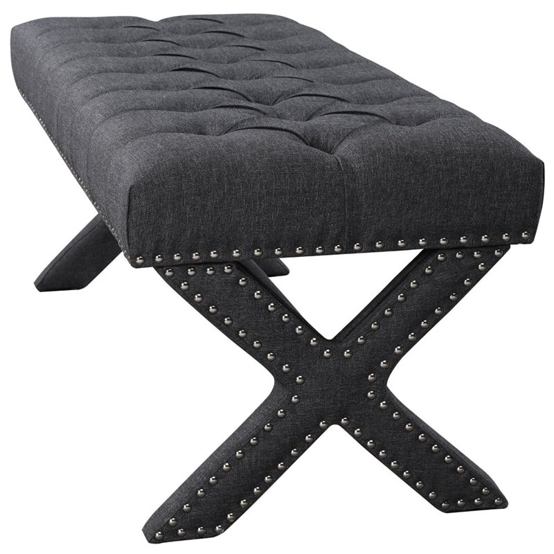 Posh Living Kennedy Tufted Linen Fabric Bench with Nailhead Trim in Dark Gray