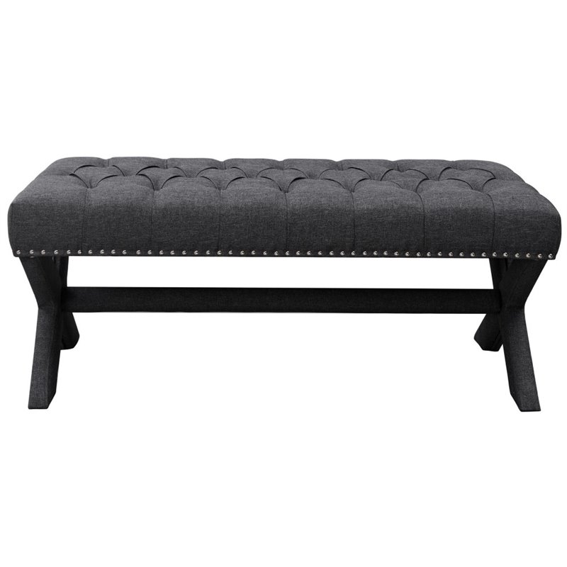 Posh Living Kennedy Tufted Linen Fabric Bench with Nailhead Trim in Dark Gray