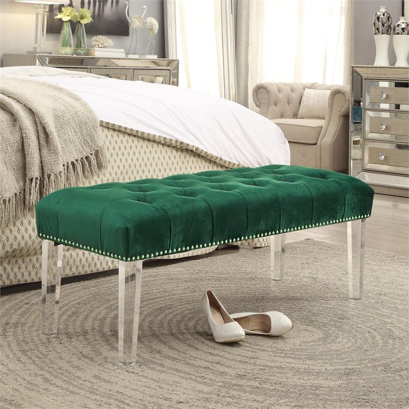 Wyatt Green Velvet Upholstered Bench Acrylic Legs