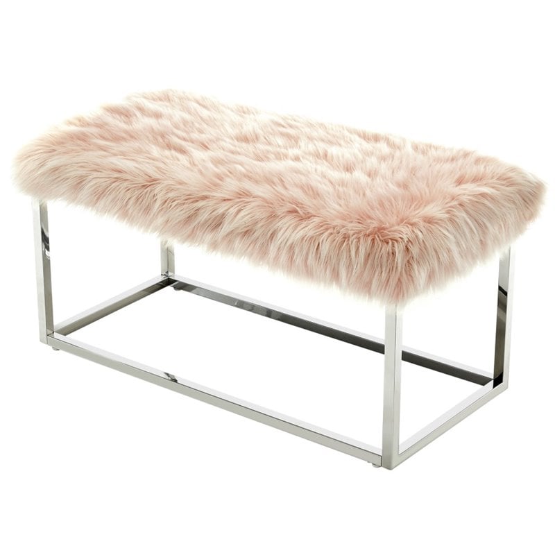 Posh Living Joseph Faux Fur Fabric Bench in Pink/Chrome