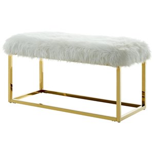 Posh Living Joseph Faux Fur Fabric Bench in White/Gold