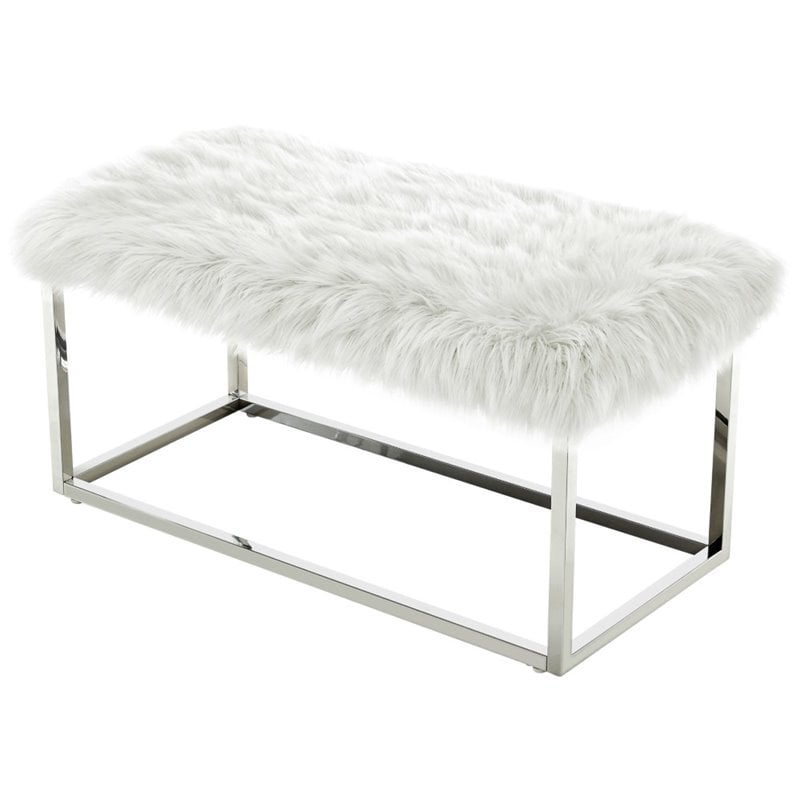 Posh Living Joseph Faux Fur Fabric Bench in White/Chrome