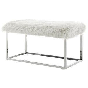 Posh Living Joseph Faux Fur Fabric Bench in White/Chrome