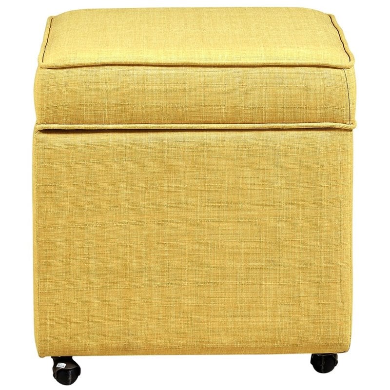Posh Living Ruby Tufted Linen Fabric Cube Storage Ottoman with Casters in Yellow