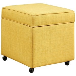Posh Living Ruby Tufted Linen Fabric Cube Storage Ottoman with Casters in Yellow