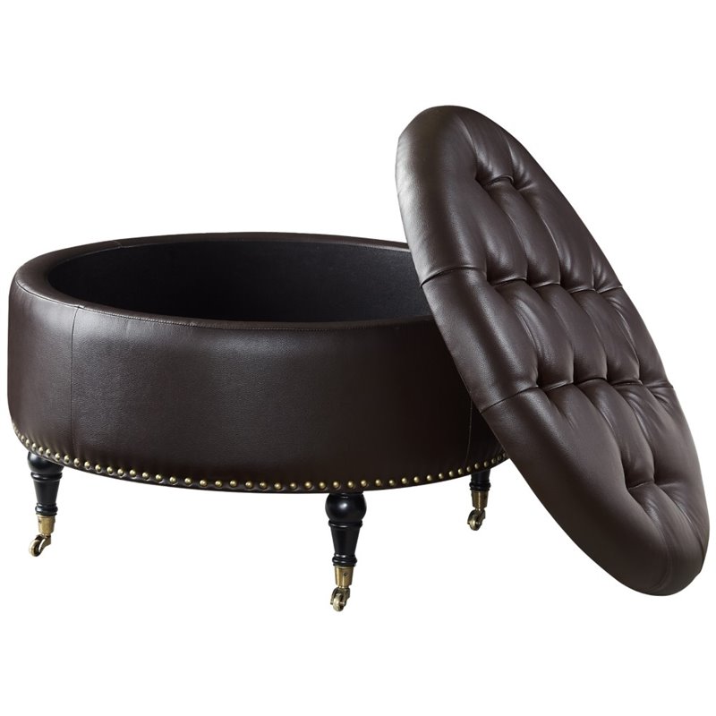 Posh Living Landon Tufted Faux Leather Storage Ottoman with Casters in