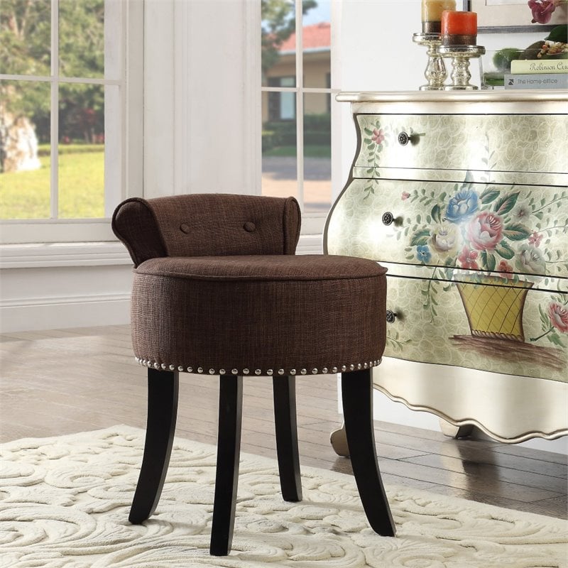 Posh Alena Tufted Linen Fabric Vanity Stool with Nailhead Trim in Brown