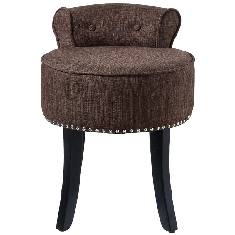 Posh Alena Tufted Linen Fabric Vanity Stool with Nailhead Trim in Brown