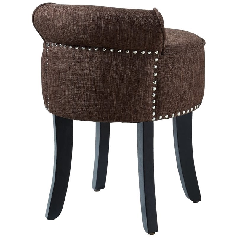 Posh Alena Tufted Linen Fabric Vanity Stool with Nailhead Trim in Brown